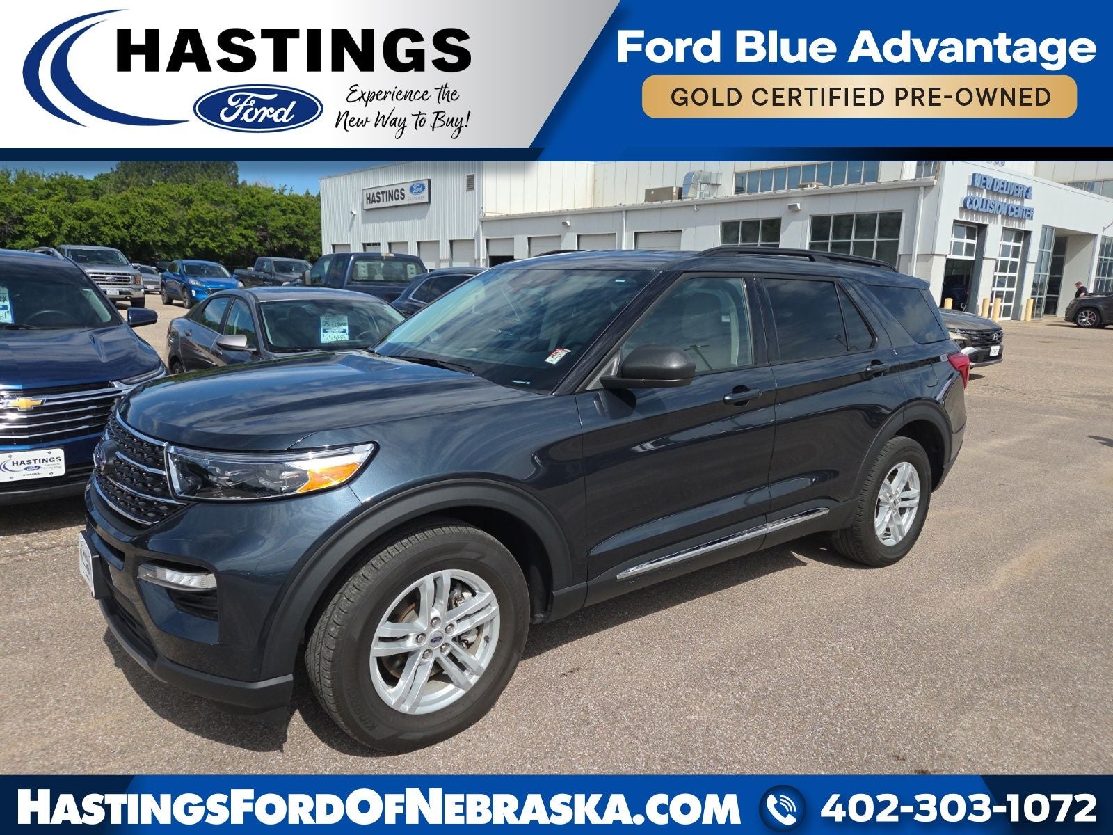 2023 Ford Explorer XLT 202A in Blue Metallic — front three-quarter view