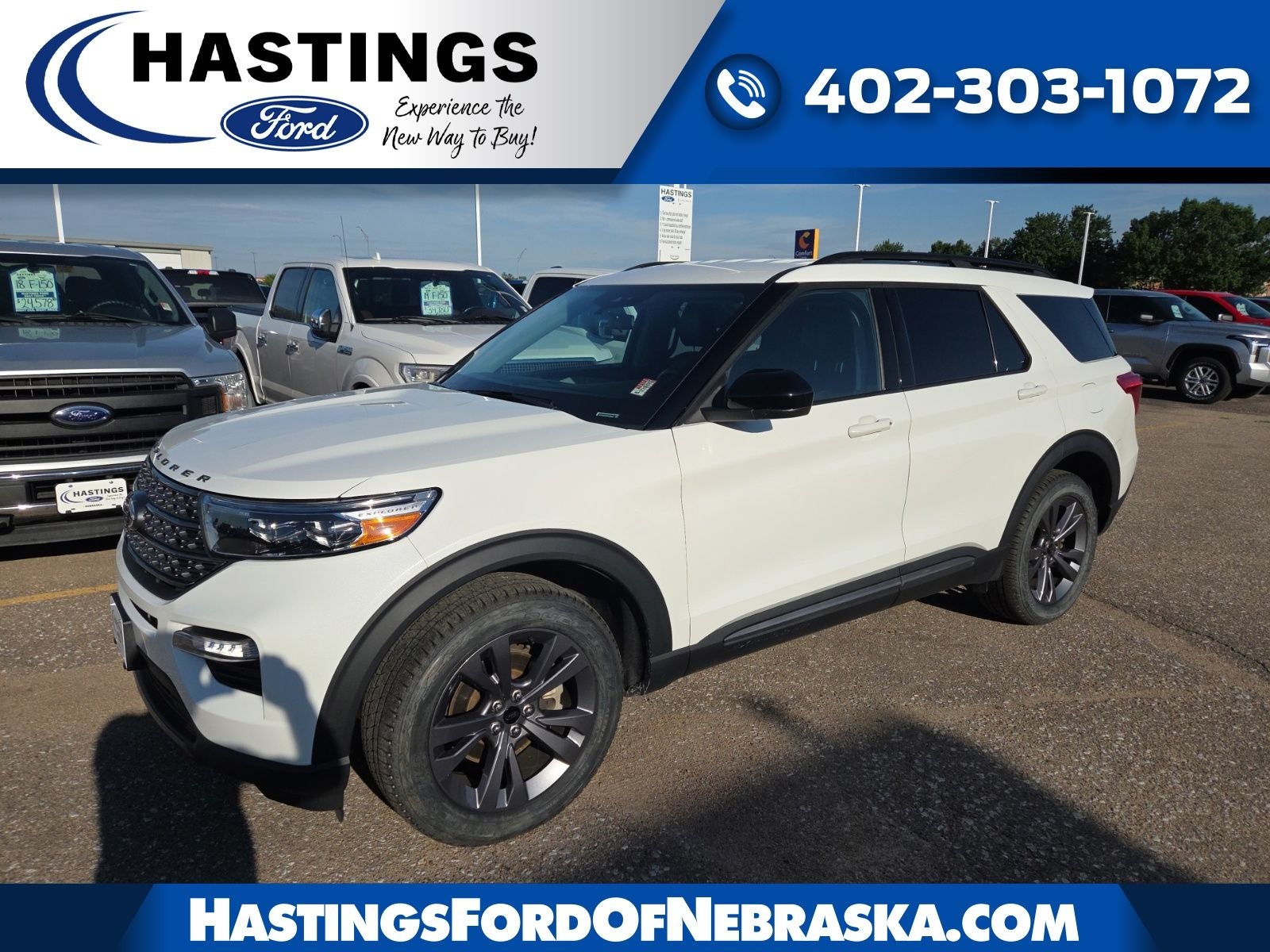 2023 Ford Explorer XLT Sport 202A in Star White Metallic Tri-Coat — front three-quarter view