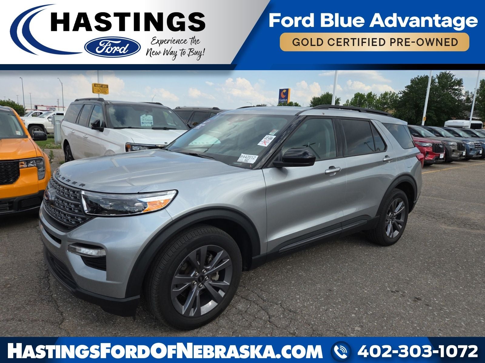 2023 Ford Explorer XLT Sport 202A in Iconic Silver Metallic — front three-quarter view