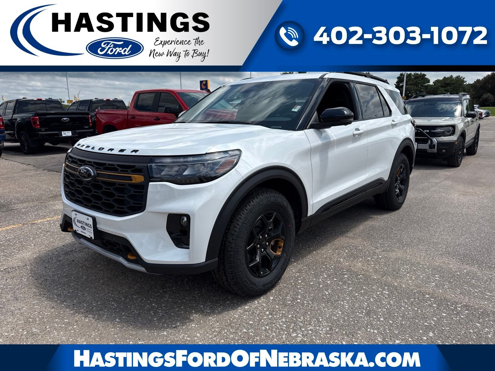 2026 Ford Explorer Tremor in Star White Metallic Tri-Coat — front three-quarter view