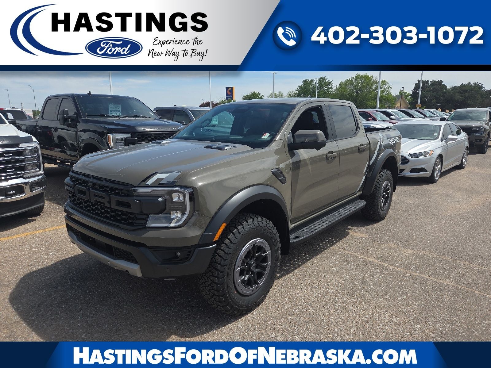 2026 Ford Ranger Raptor in Marsh Gray — front three-quarter view