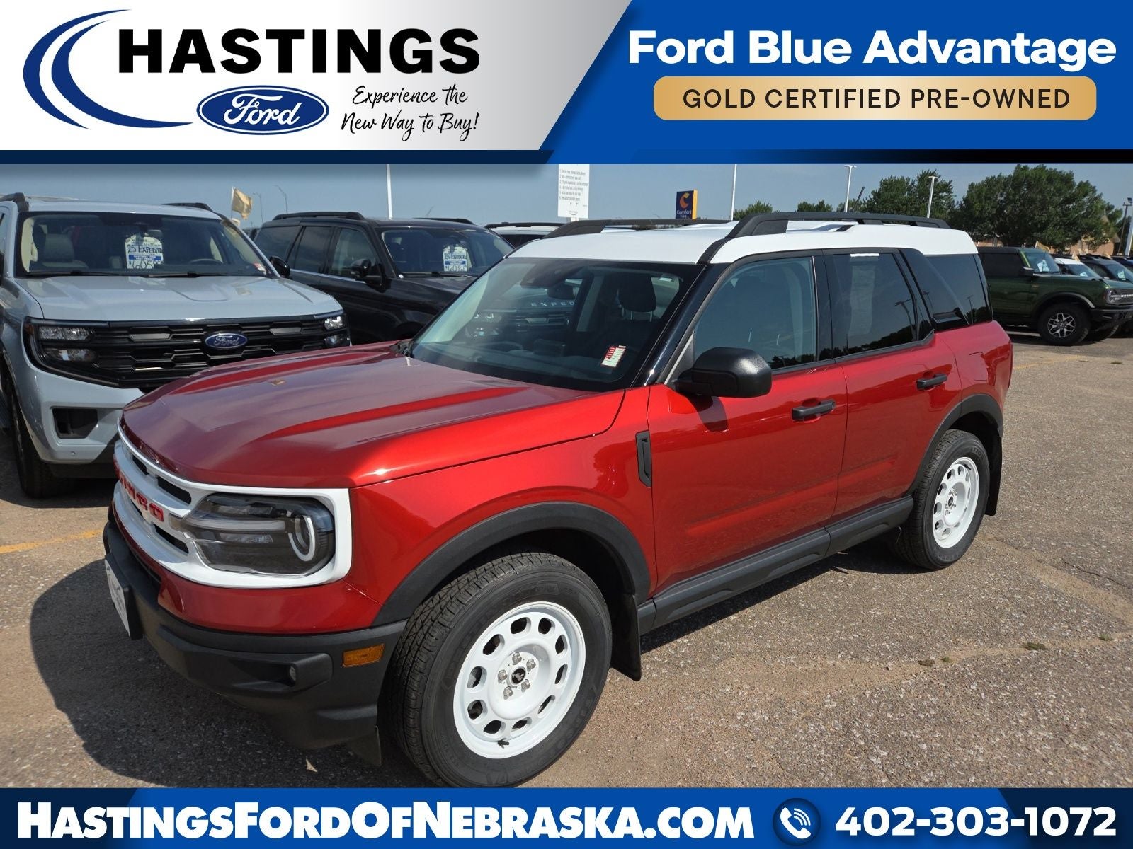 2024 Ford Bronco Sport Heritage 250A in Hot Pepper Red Metallic Tinted Clearcoat — front three-quarter view