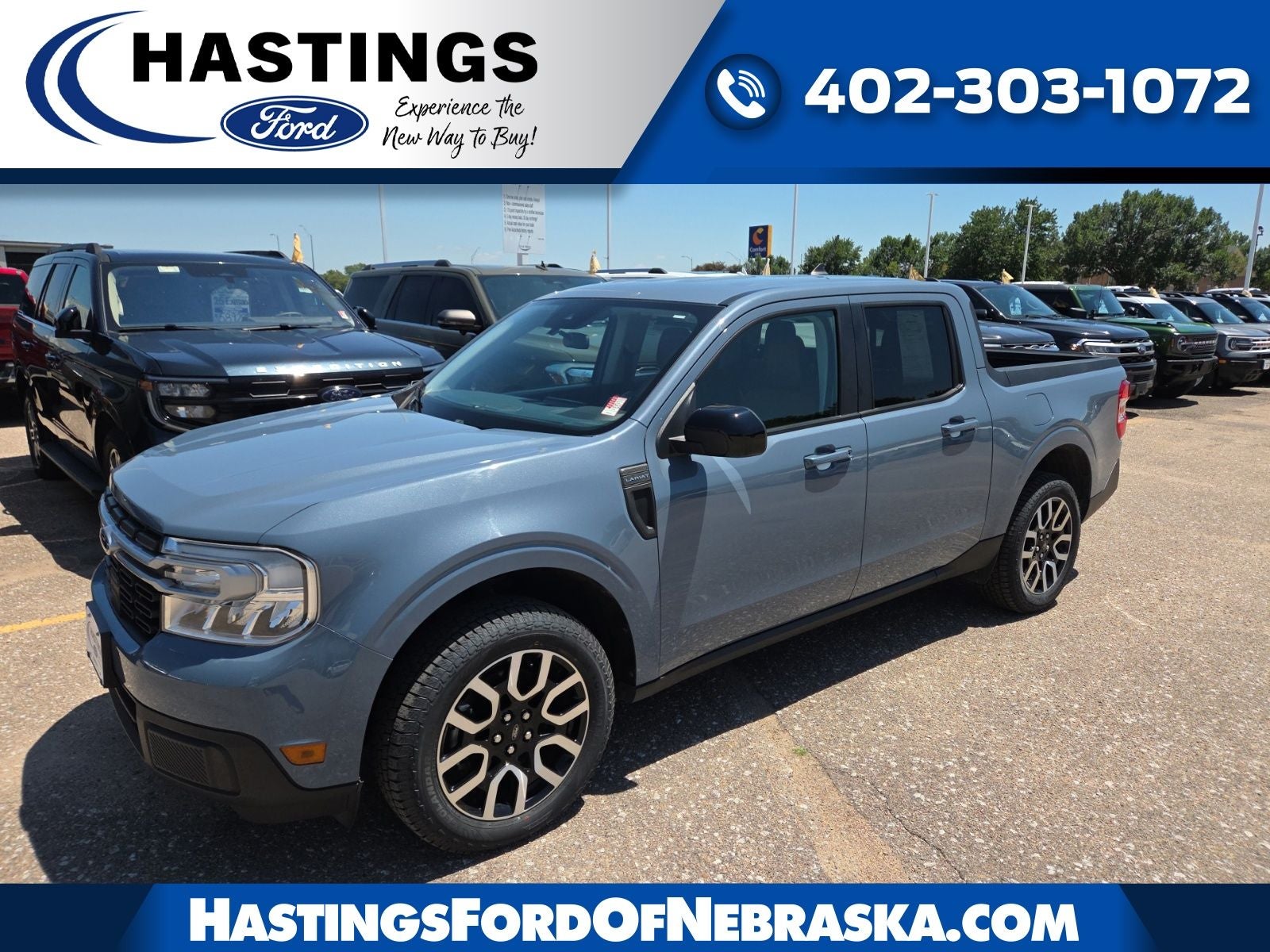 2024 Ford Maverick Lariat 500A in Azure Gray Metallic Tri-Coat — front three-quarter view