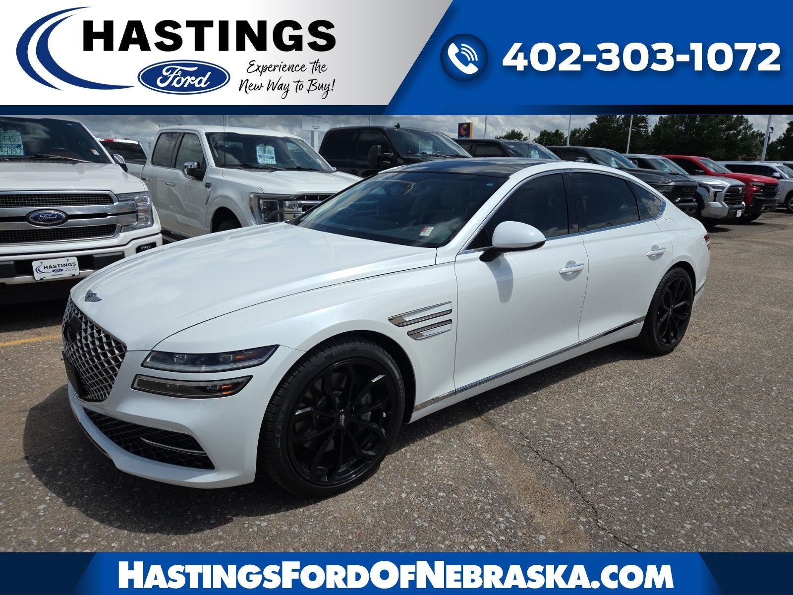 2021 Genesis G80 3.5T Twin Turbo AWD in Uyuni White — front three-quarter view